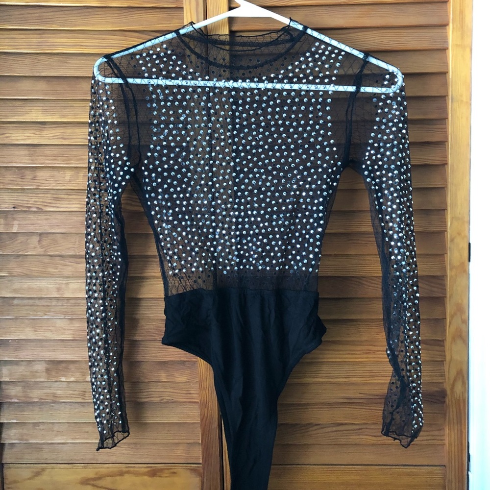Frill neck semi sheer bodysuit